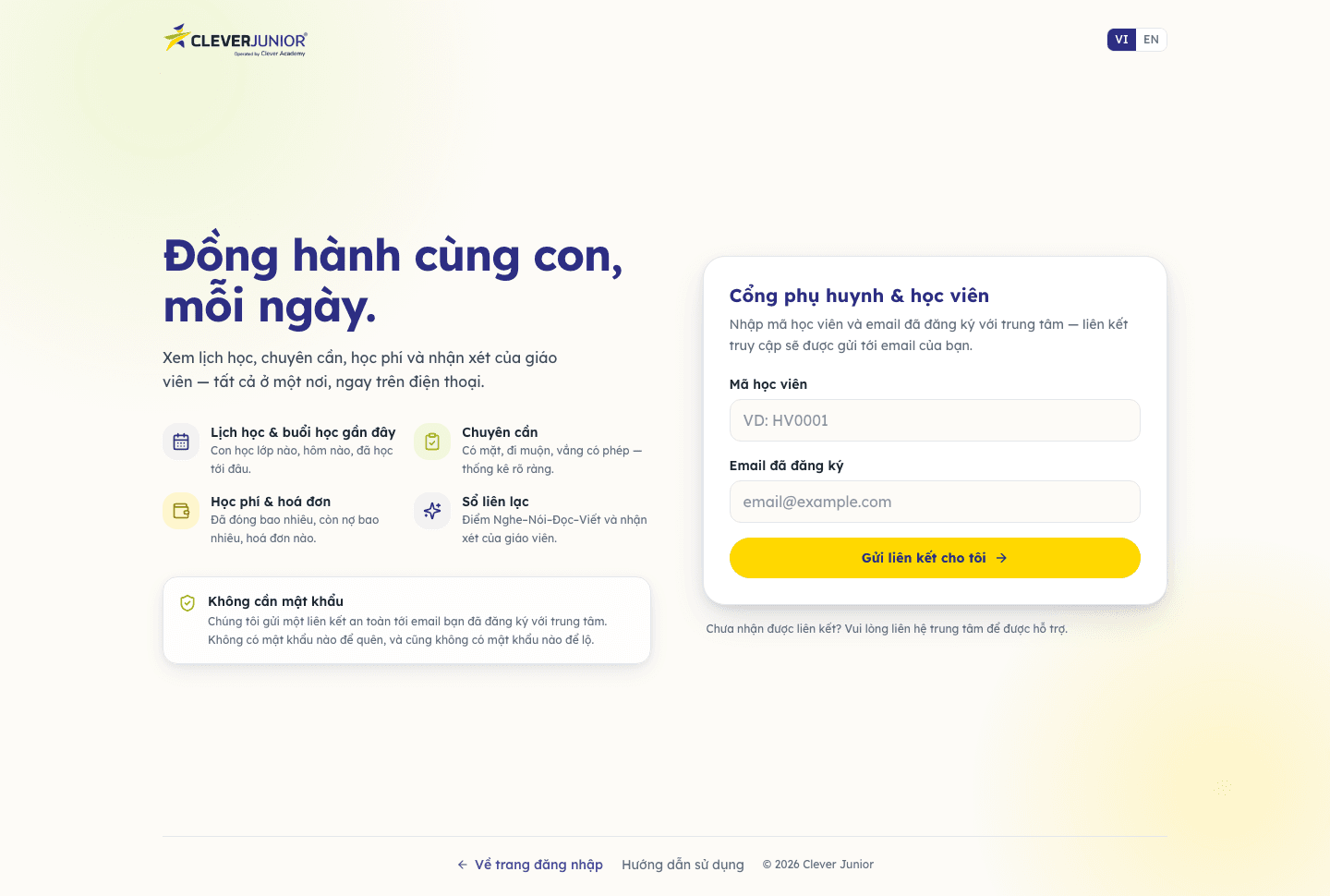 Màn hình cổng phụ huynh trên máy tính