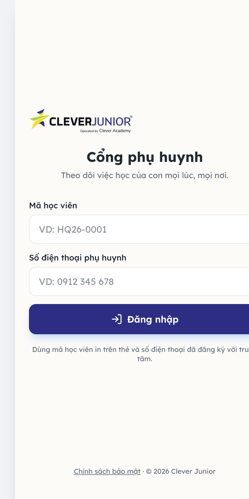 Ứng dụng phụ huynh, đăng nhập bằng số điện thoại